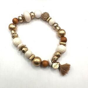 Stella & Dot Beaded Boho Stretch Bracelet Gold Brown White Casual Jewelry